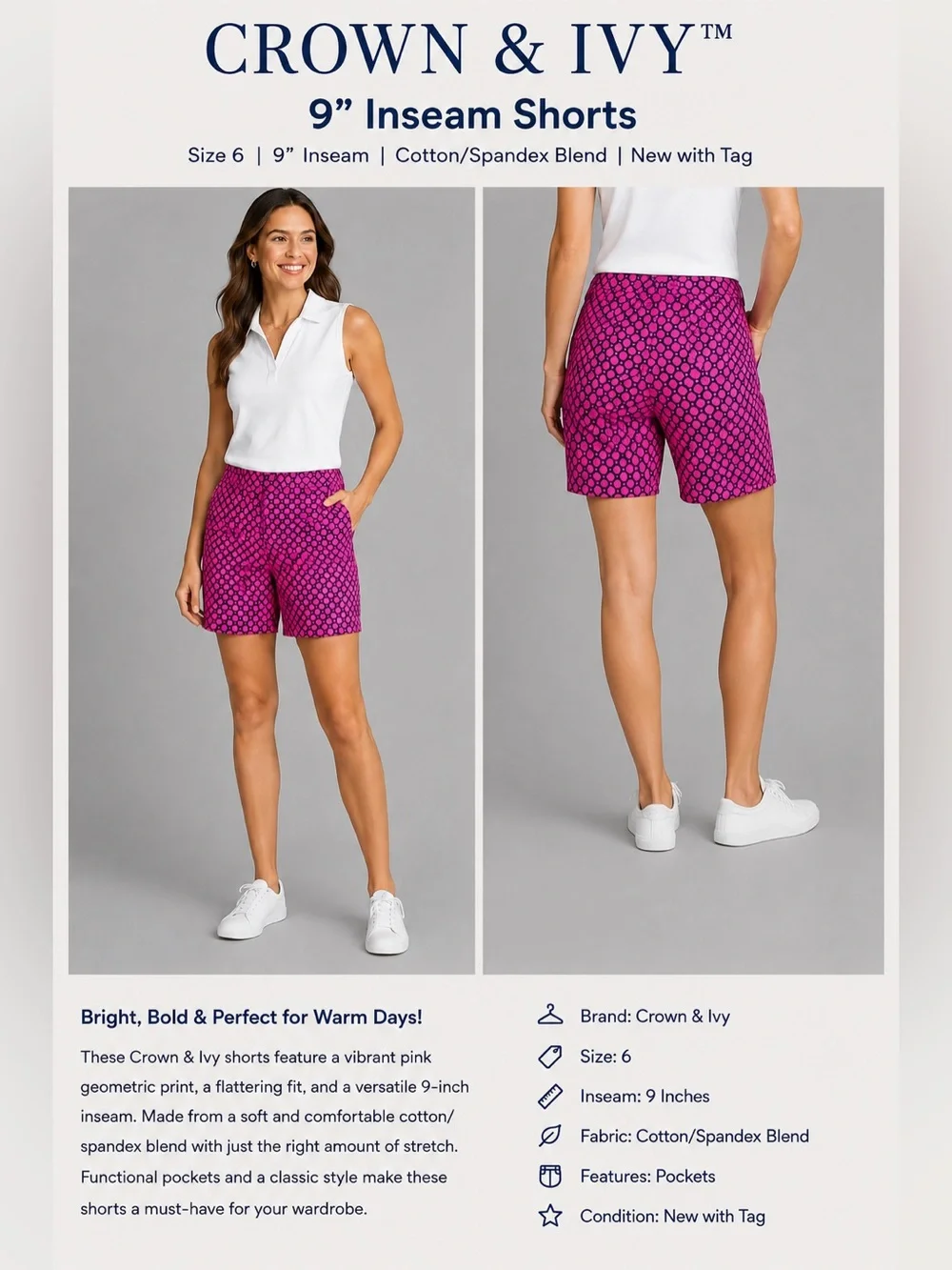 Crown & Ivy Pink Geometric Print Bermuda Shorts Size 6 ~ 9” Inseam NWT
